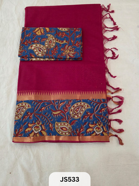 Mangalagiri Cotton X Kalamkari patch Border / dual blouse-1 mtr Kalamkari Blouse