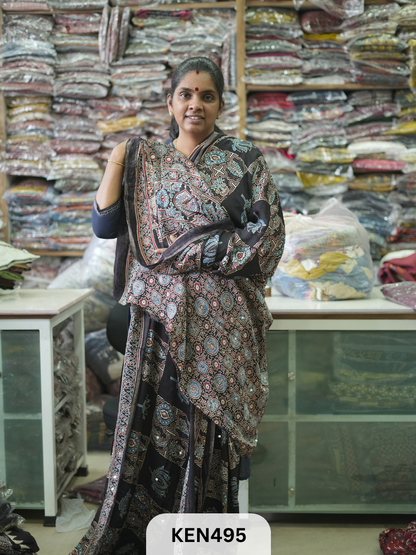 MODAL NATURAL AJRAKH HANDBLOCK SAREE WITH GLUE MIRROR