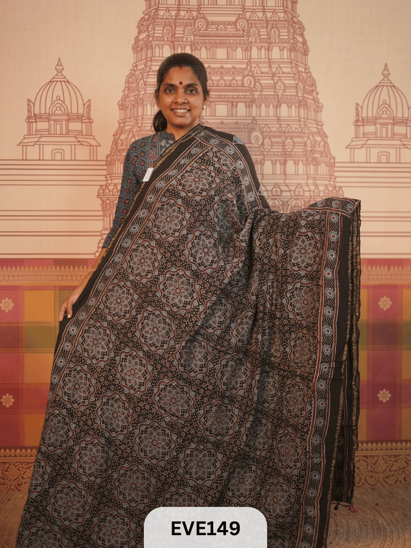 PURE CHANDERI SILK AJRAKH HANDBLOCK SAREE