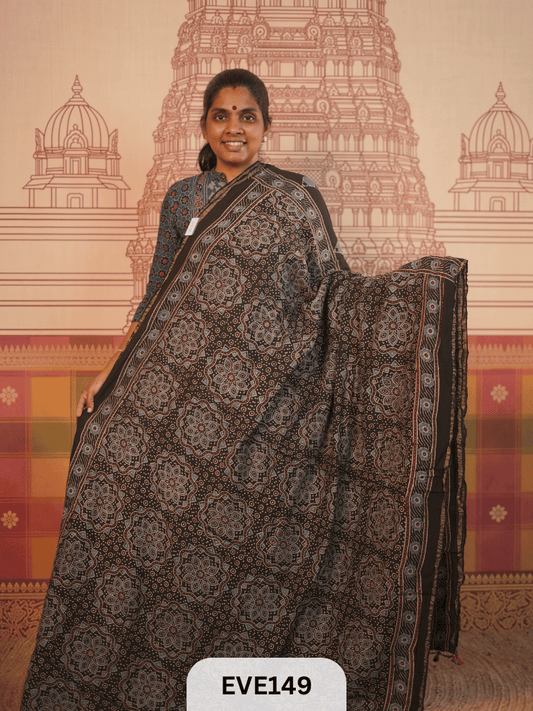 PURE CHANDERI SILK AJRAKH HANDBLOCK SAREE