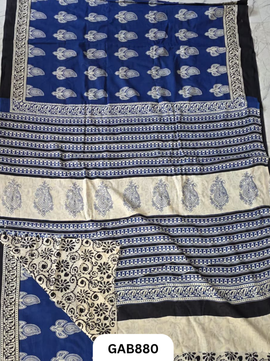 Bagru Block Print Cotton Mulmul Sarees With Running Blouse