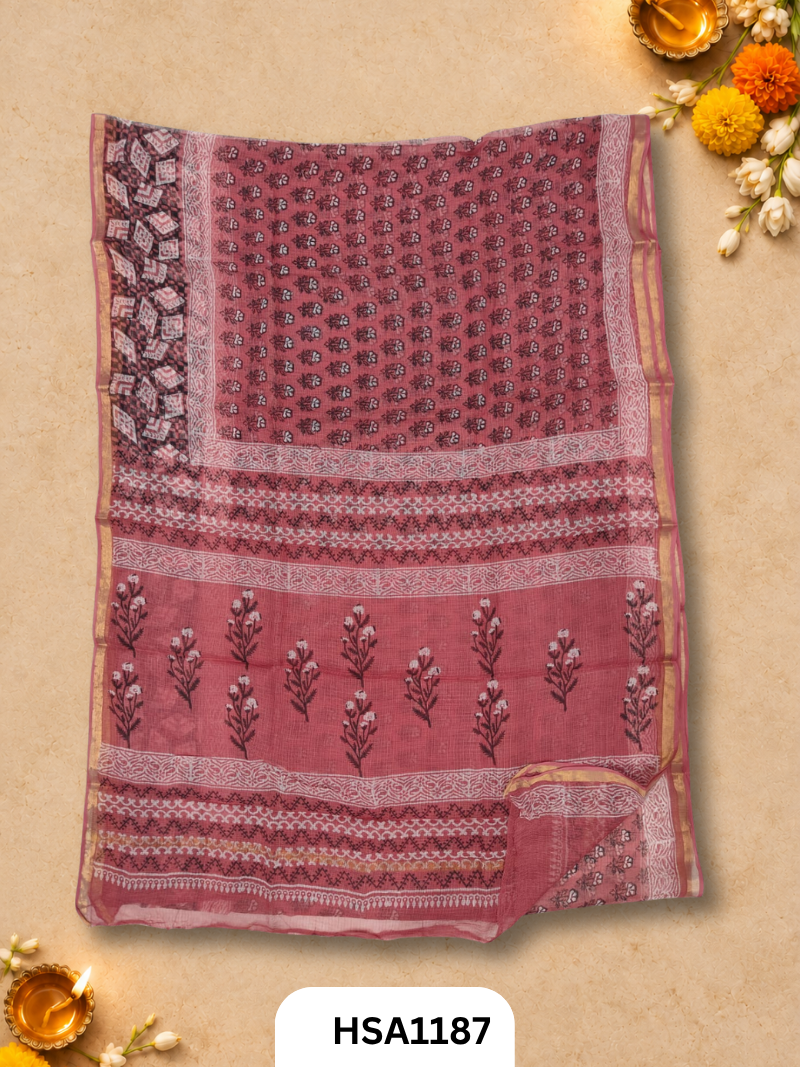 Hand Block Printed Kota Doriya Saree with Blouse