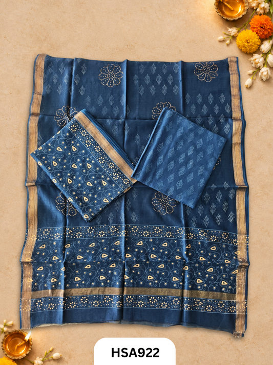 HandBlock Printed Maheshwari Silk Zari Border Top & dupttas 2.5 Mtrs | Bottom cotton 2.50 mtrs