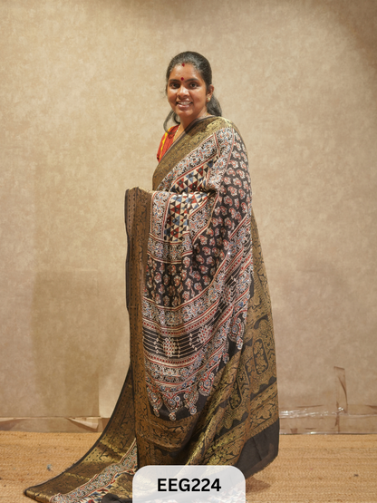 AJRAKH DOLA SILK SAREE WITH MIRROR WORK - IMMEDIATE DISPATCH