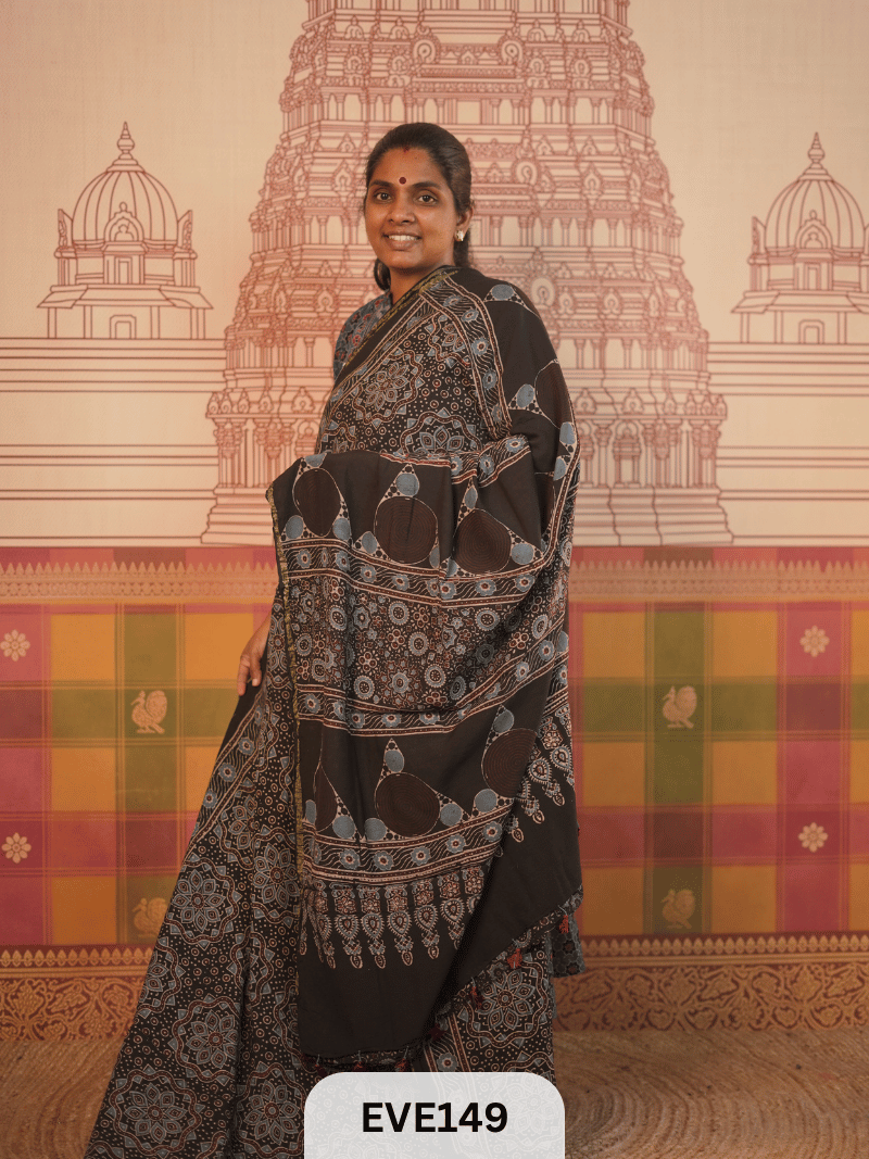 PURE CHANDERI SILK AJRAKH HANDBLOCK SAREE