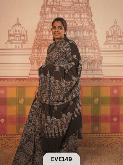 PURE CHANDERI SILK AJRAKH HANDBLOCK SAREE
