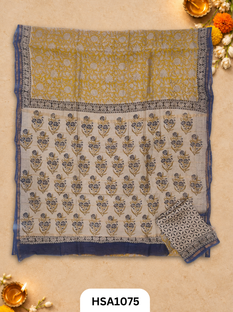 Pure Hand Block Printed Chanderi Silk Saree With Printed Blouse