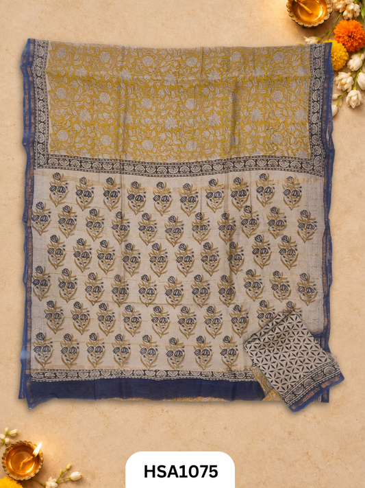 Pure Hand Block Printed Chanderi Silk Saree With Printed Blouse
