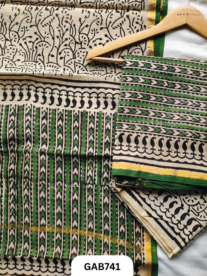 Hand Block Chanderi Silk Dress Materials Top 2.5 Mtrs Duptta 2.5 Mtrs