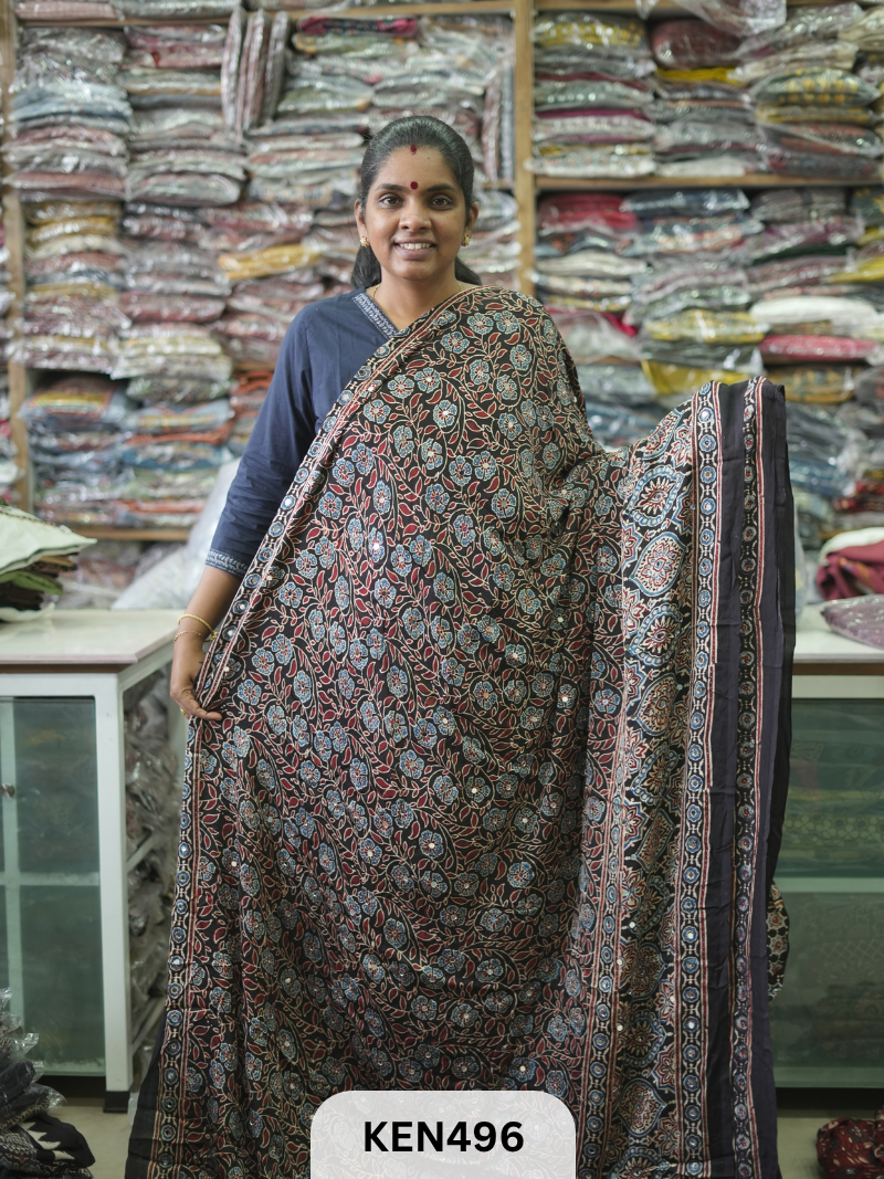 MODAL NATURAL AJRAKH HANDBLOCK SAREE WITH GLUE MIRROR