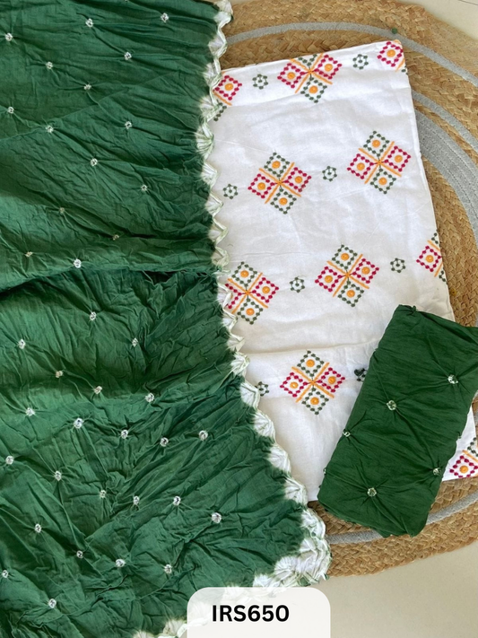 HAND GITHAN WORK AND EMBROIDERY TOP WITH BANDHANI BOTTOM AND DUPATTA