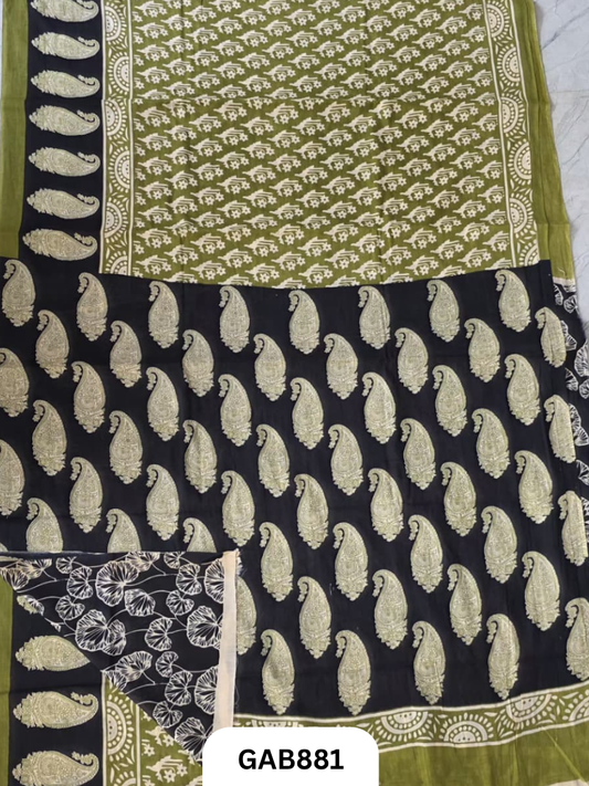 Bagru Block Print Cotton Mulmul Sarees With Running Blouse