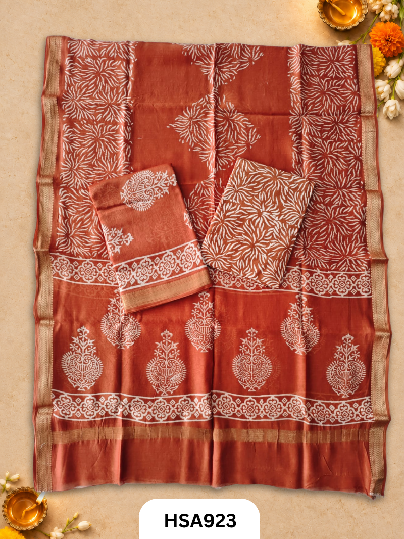 HandBlock Printed Maheshwari Silk Zari Border Top & dupttas 2.5 Mtrs | Bottom cotton 2.50 mtrs