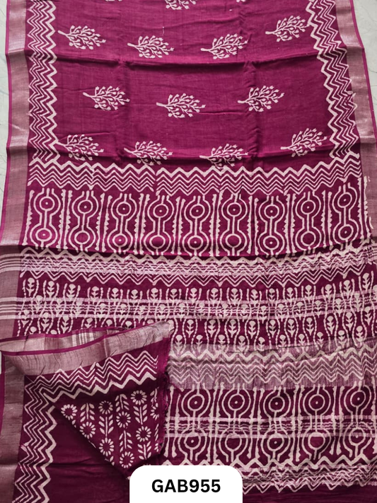 Bagru Handblock Print Linen Saree With Attached Blouse
