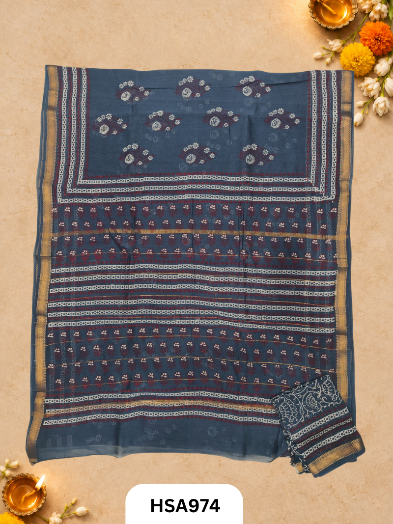 Pure Maheswari Silk Cotton - Handblock Print Saree With Blouse