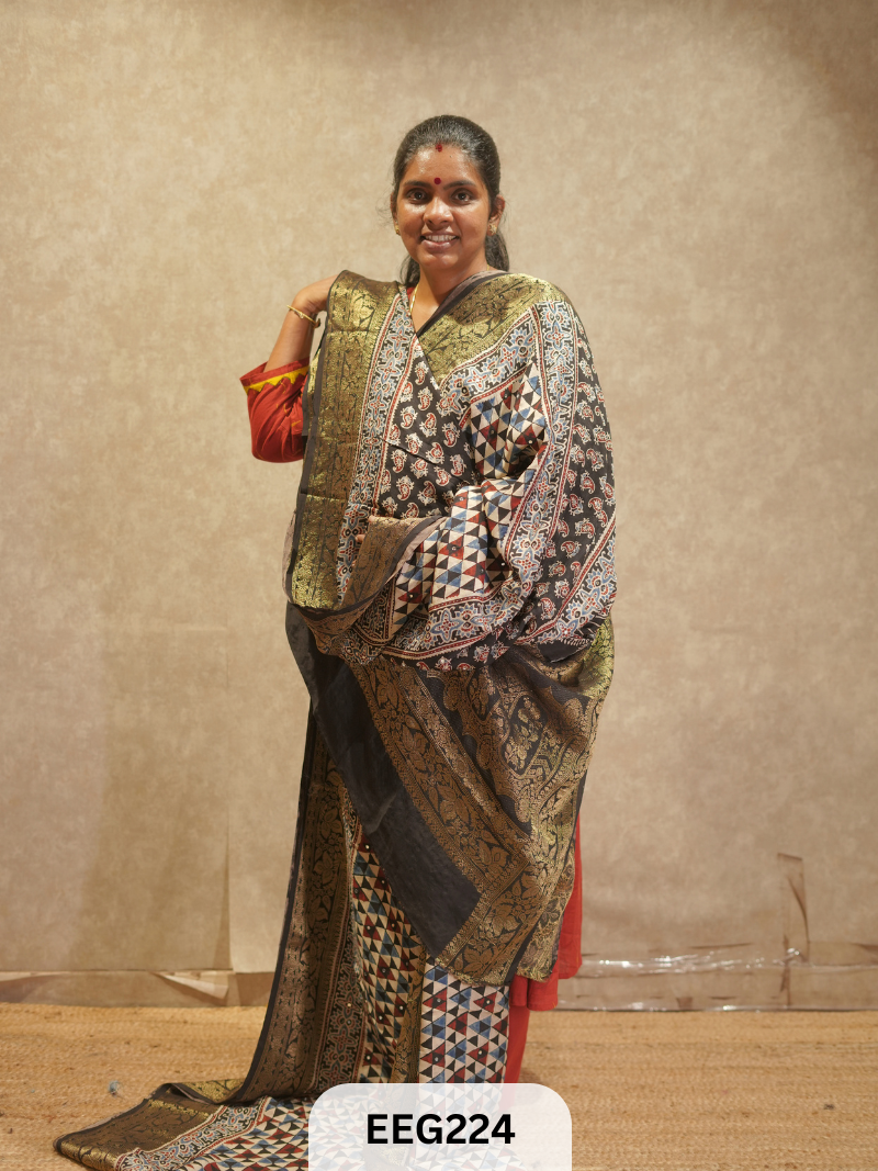 AJRAKH DOLA SILK SAREE WITH MIRROR WORK - IMMEDIATE DISPATCH