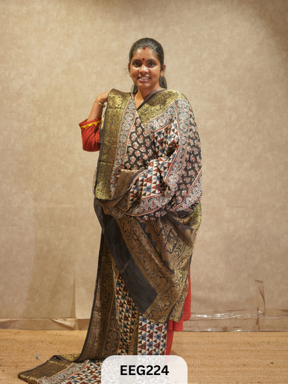 AJRAKH DOLA SILK SAREE WITH MIRROR WORK - IMMEDIATE DISPATCH