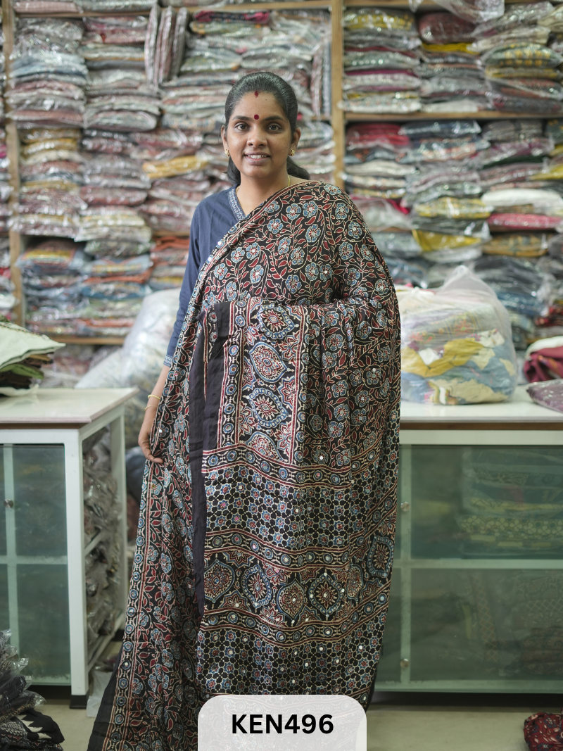 MODAL NATURAL AJRAKH HANDBLOCK SAREE WITH GLUE MIRROR