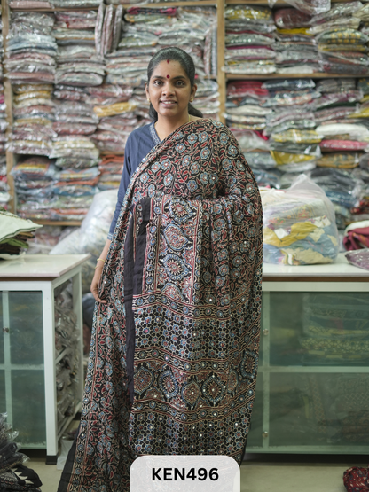 MODAL NATURAL AJRAKH HANDBLOCK SAREE WITH GLUE MIRROR