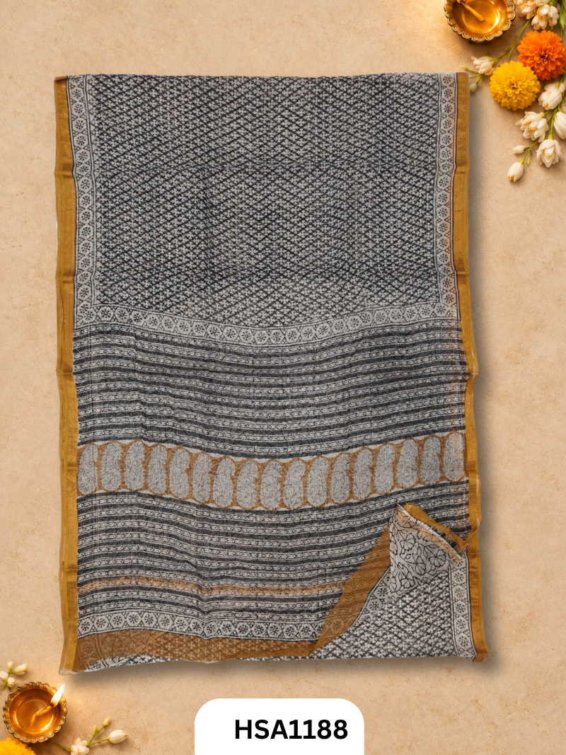 Hand Block Printed Kota Doriya Saree with Blouse