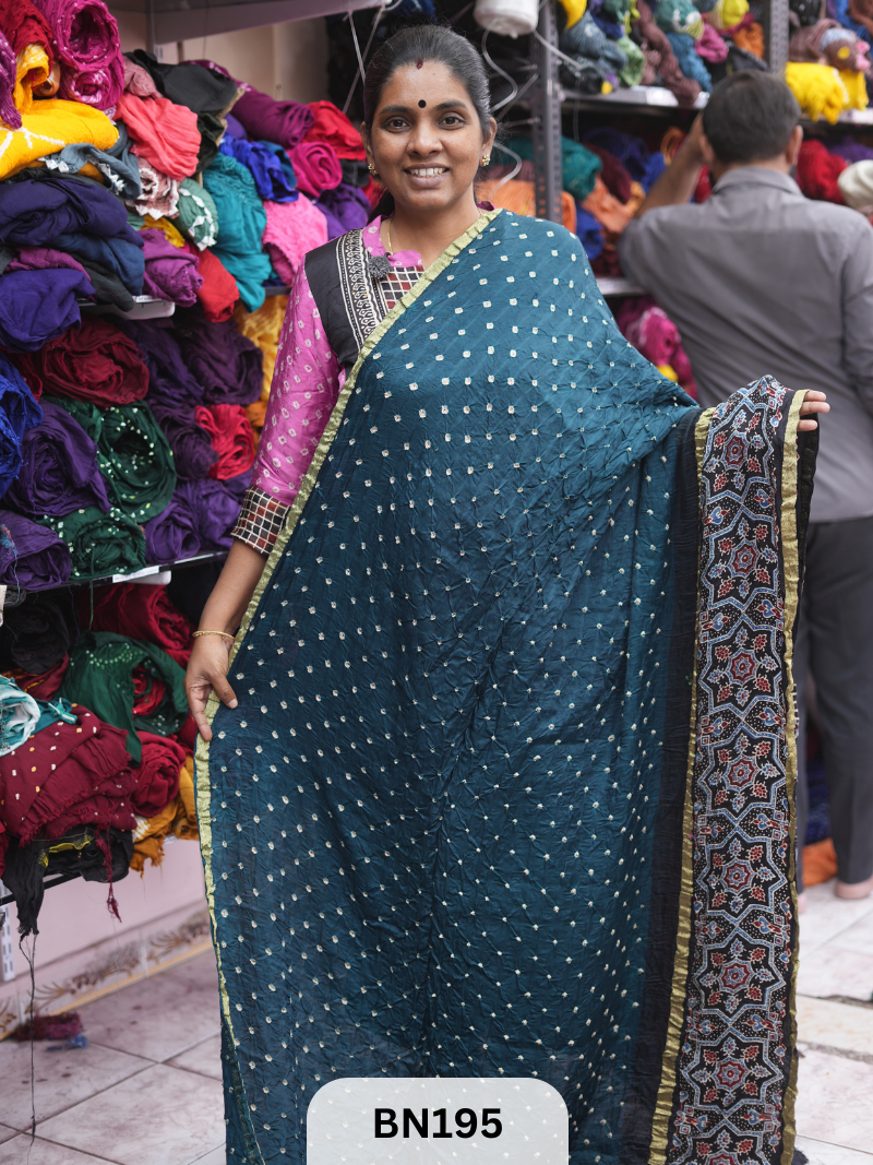 AJRAKH BANDHEJ WITH SKIRT BORDER SAREES | MODAL GAJI FABRIC