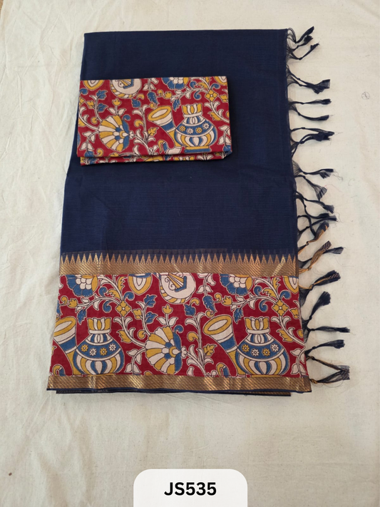 Mangalagiri Cotton X Kalamkari patch Border / dual blouse-1 mtr Kalamkari Blouse