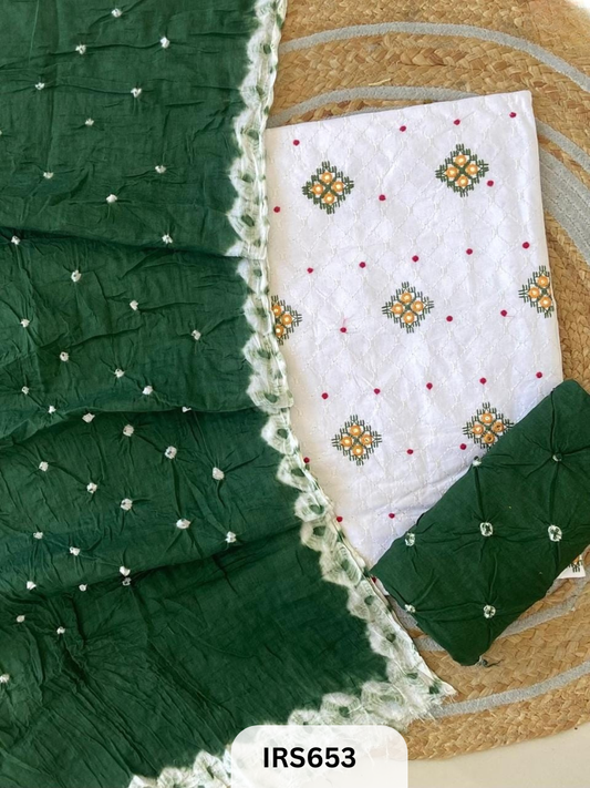 HAND GITHAN WORK AND EMBROIDERY TOP WITH BANDHANI BOTTOM AND DUPATTA