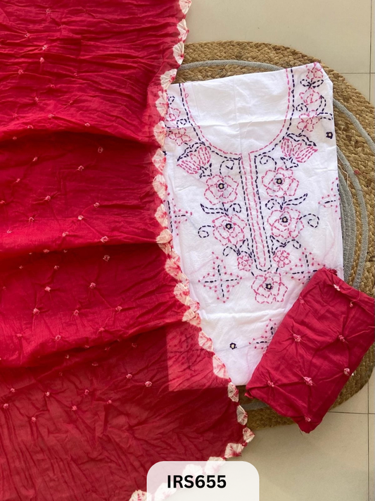 HAND GITHAN WORK AND EMBROIDERY TOP WITH BANDHANI BOTTOM AND DUPATTA