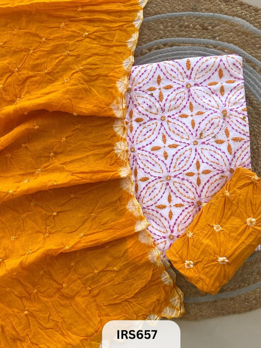 HAND GITHAN WORK AND EMBROIDERY TOP WITH BANDHANI BOTTOM AND DUPATTA