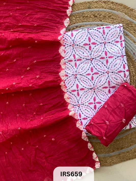 HAND GITHAN WORK AND EMBROIDERY TOP WITH BANDHANI BOTTOM AND DUPATTA