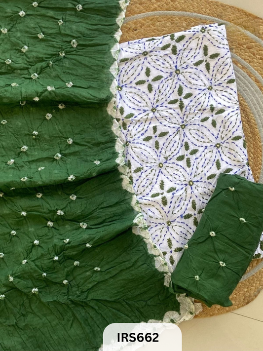 HAND GITHAN WORK AND EMBROIDERY TOP WITH BANDHANI BOTTOM AND DUPATTA