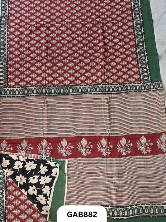 Bagru Block Print Cotton Mulmul Sarees With Running Blouse
