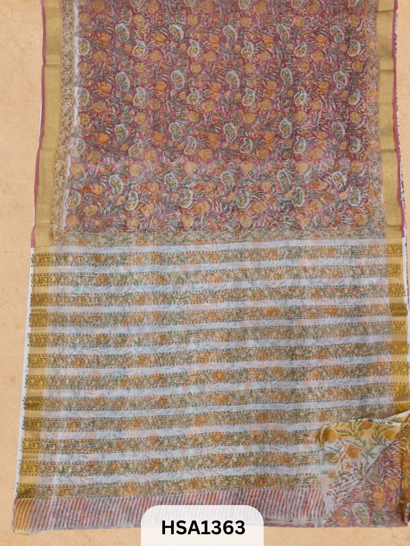 Chiffon Zari Border Saree - Hand Brush Painted