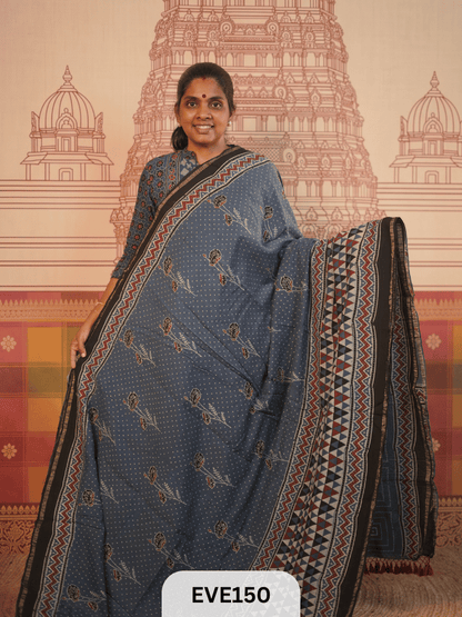PURE CHANDERI SILK AJRAKH HANDBLOCK SAREE