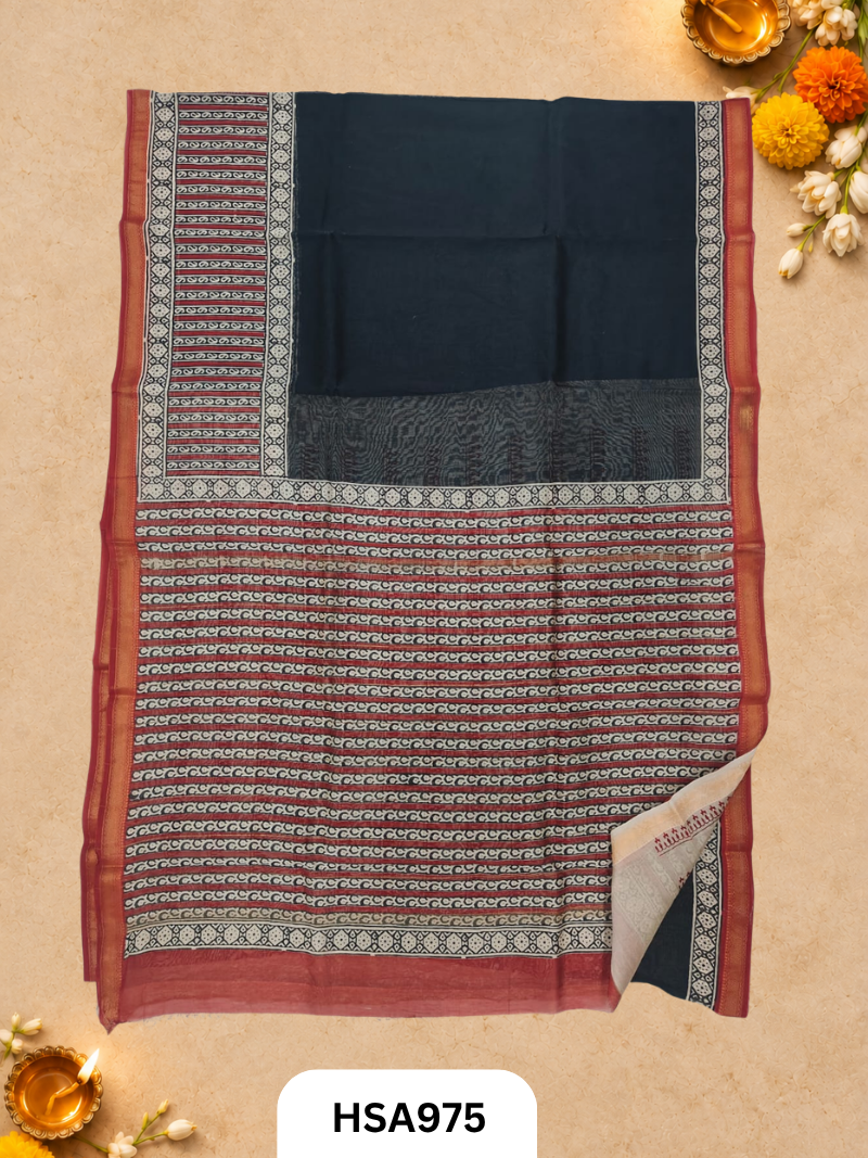 Pure Maheswari Silk Cotton - Handblock Print Saree With Blouse