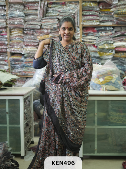 MODAL NATURAL AJRAKH HANDBLOCK SAREE WITH GLUE MIRROR
