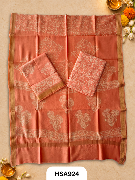 HandBlock Printed Maheshwari Silk Zari Border Top & dupttas 2.5 Mtrs | Bottom cotton 2.50 mtrs