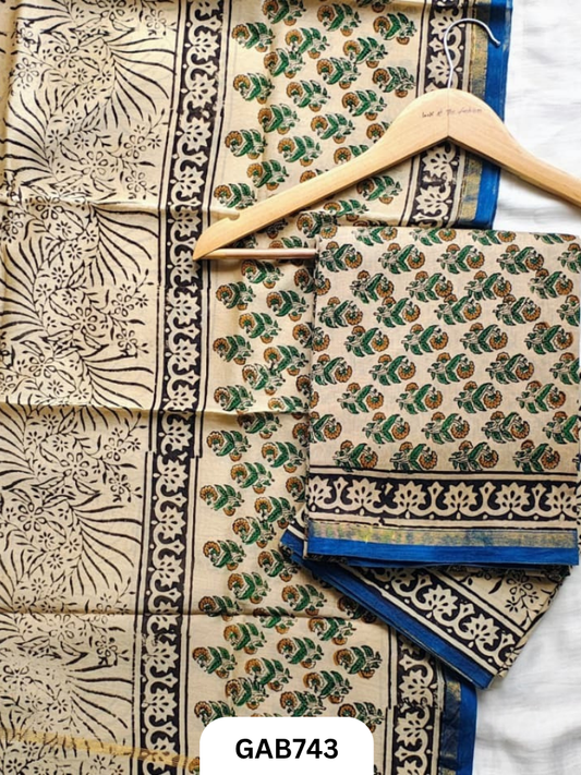 Hand Block Chanderi Silk Dress Materials Top 2.5 Mtrs Duptta 2.5 Mtrs
