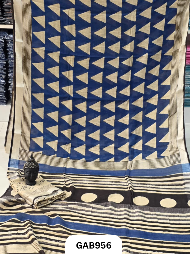 Bagru Handblock Print Linen Saree With Attached Blouse
