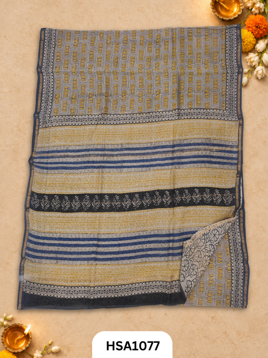 Pure Hand Block Printed Chanderi Silk Saree With Printed Blouse