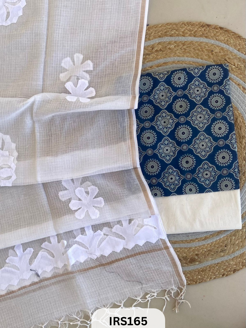 AJRAKH PRINTED TO WITH KOTA DORIA WITH HAND APLIQUE WORK DUPATTA SET