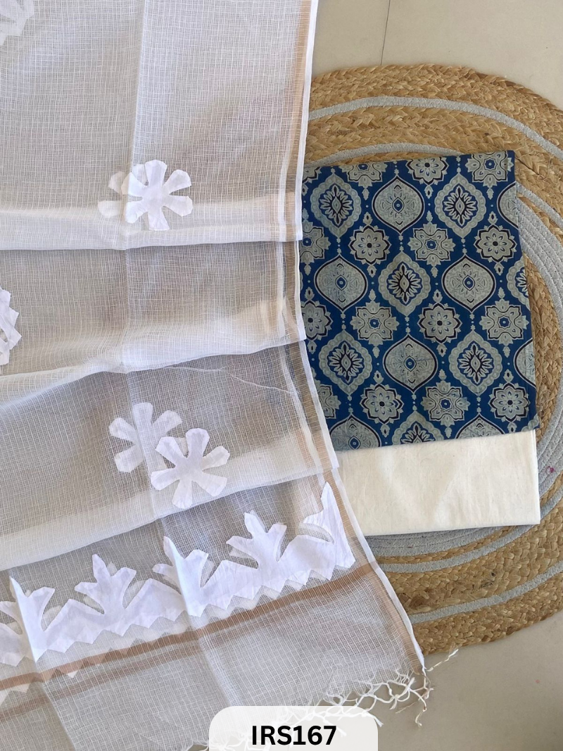 AJRAKH PRINTED TO WITH KOTA DORIA WITH HAND APLIQUE WORK DUPATTA SET