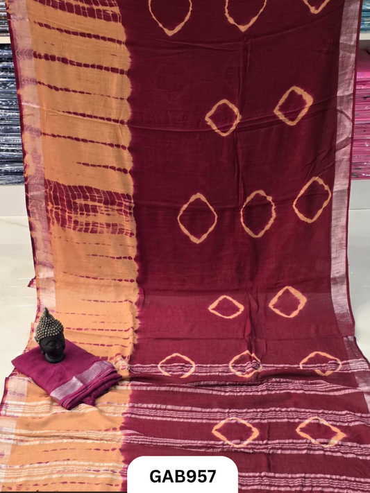 Bagru Handblock Print Linen Saree With Attached Blouse
