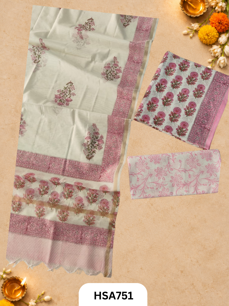 HandBlock Printed Chanderi Silk Dupatta With Cotton Suits -Top 2.5M Duptta 2.5M