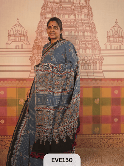PURE CHANDERI SILK AJRAKH HANDBLOCK SAREE