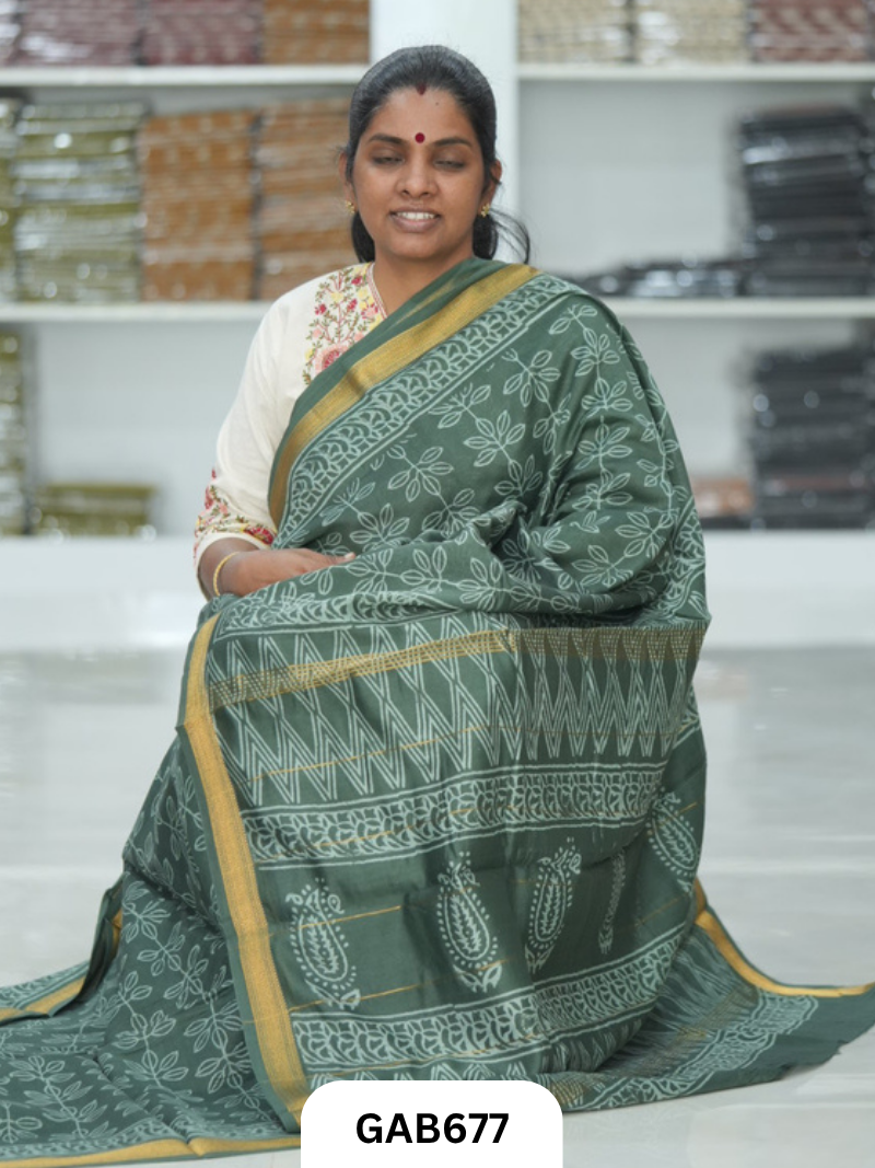 Hand Block Printed Maheshwari Silk Saree