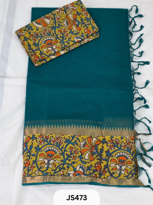 Mangalagiri Cotton X Kalamkari patch Border / dual blouse-1 mtr Kalamkari Blouse