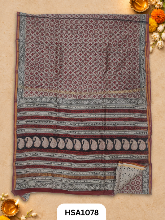 Pure Hand Block Printed Chanderi Silk Saree With Printed Blouse