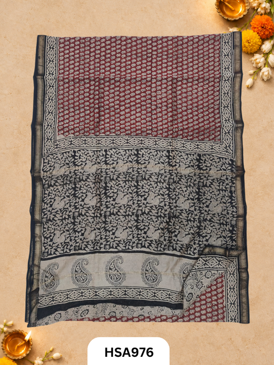 Pure Maheswari Silk Cotton - Handblock Print Saree With Blouse