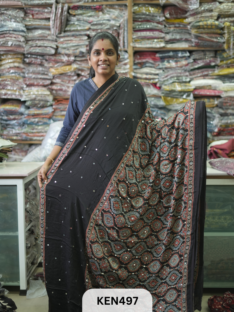MODAL NATURAL AJRAKH HANDBLOCK SAREE WITH GLUE MIRROR